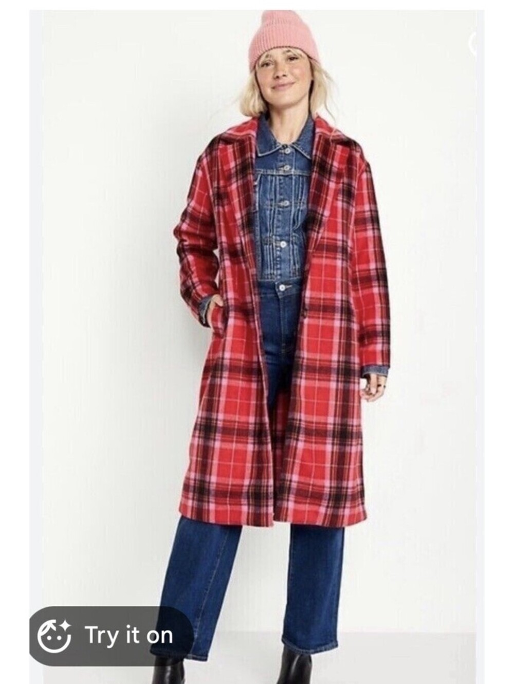 Old Navy Women Long Coat Red Tartan Plaid Sz L Oversized Soft Pockets